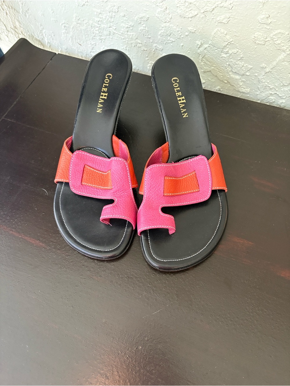 Cole Haan split toe wedge mule sandals pink & orange colorblock Sz 8